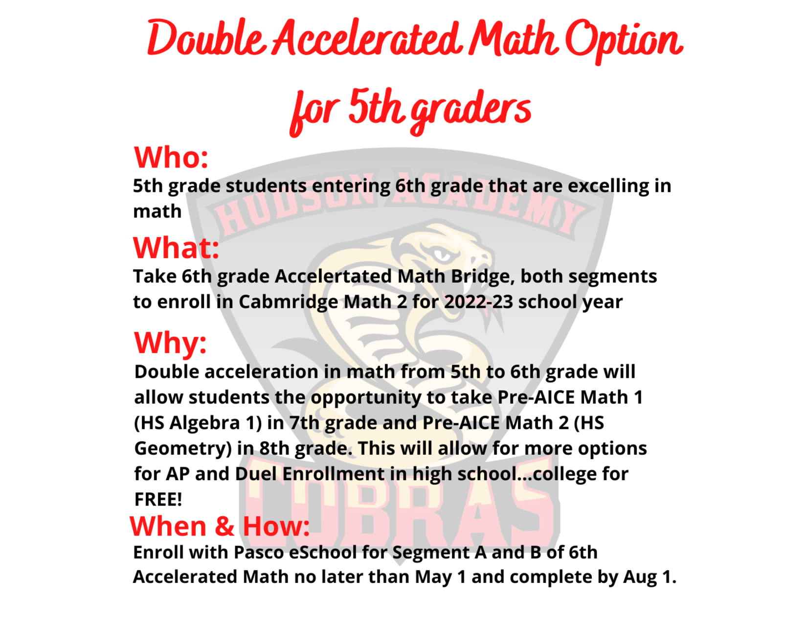 Double Accelerated Math Information Hudson Academy